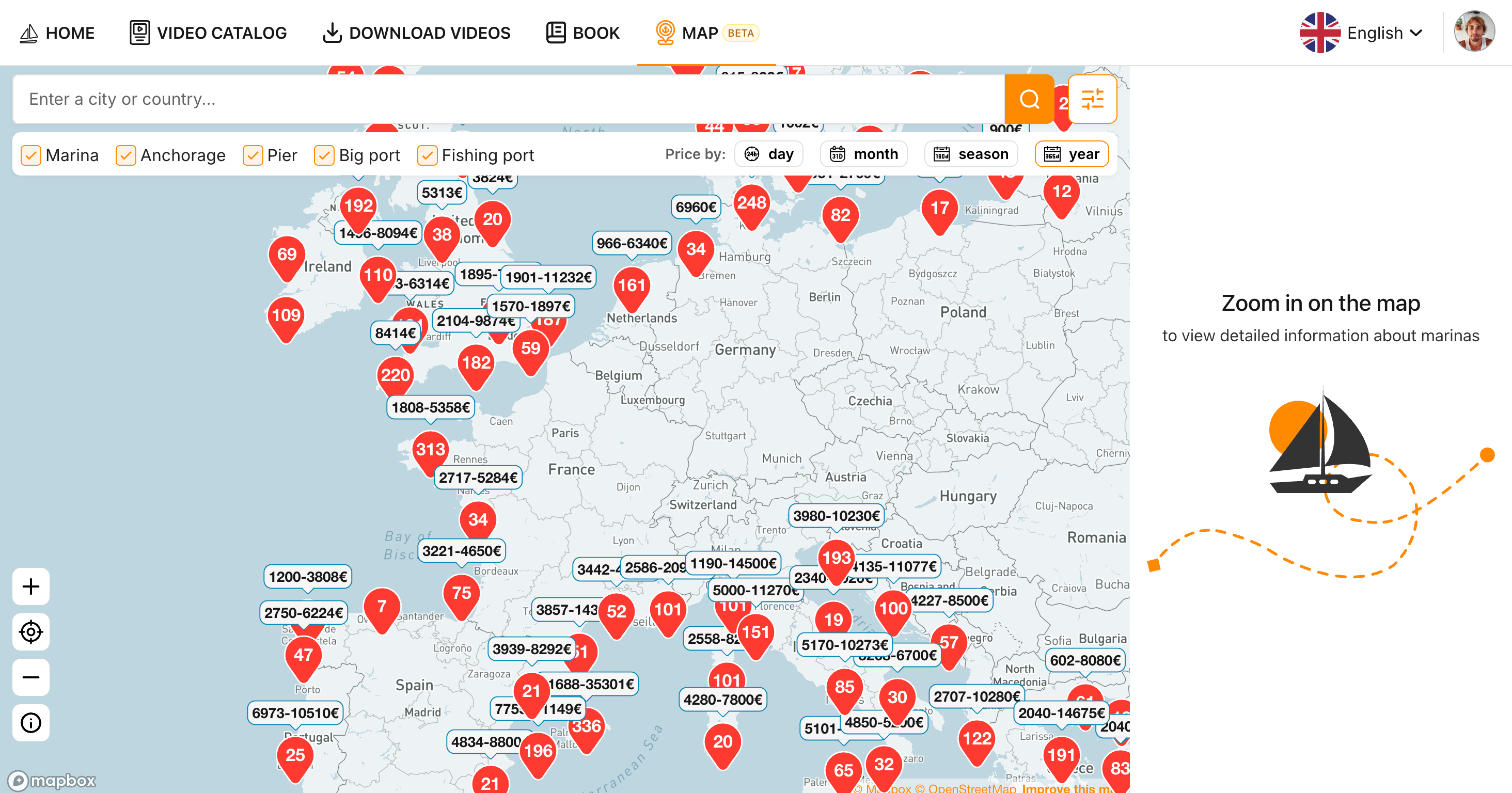 Map of the Mediterranean with marina prices